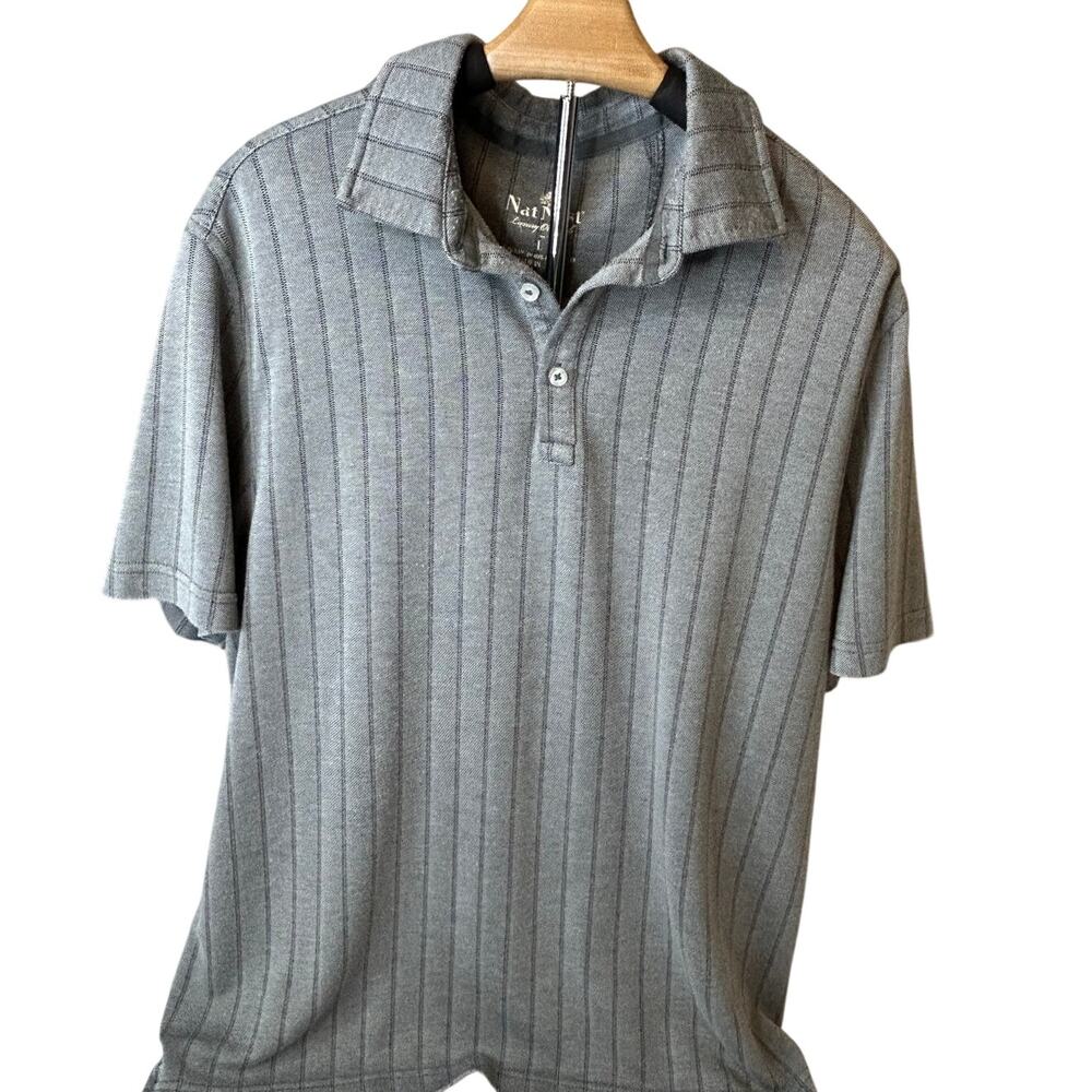 Nat Nast sz Large gray short sleeve polo vertical stripe three button